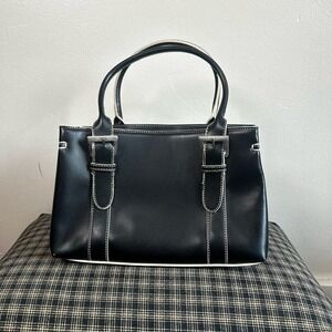 GUC Unbranded Satchel Handbag Size Medium Black White Contrast Stitch Buckle